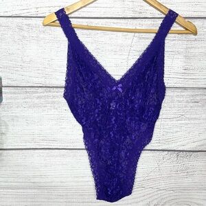 Deep Purple Lace V-Neck Lingerie Teddy Cheeky Statement Bow Bodysuit One Size